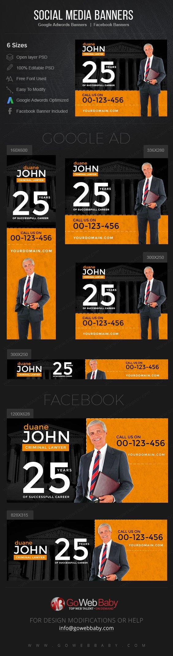 Google Adwords Display Banner with Facebook Banners - Lawyer Services For Website Marketing - GoWebBaby.Com