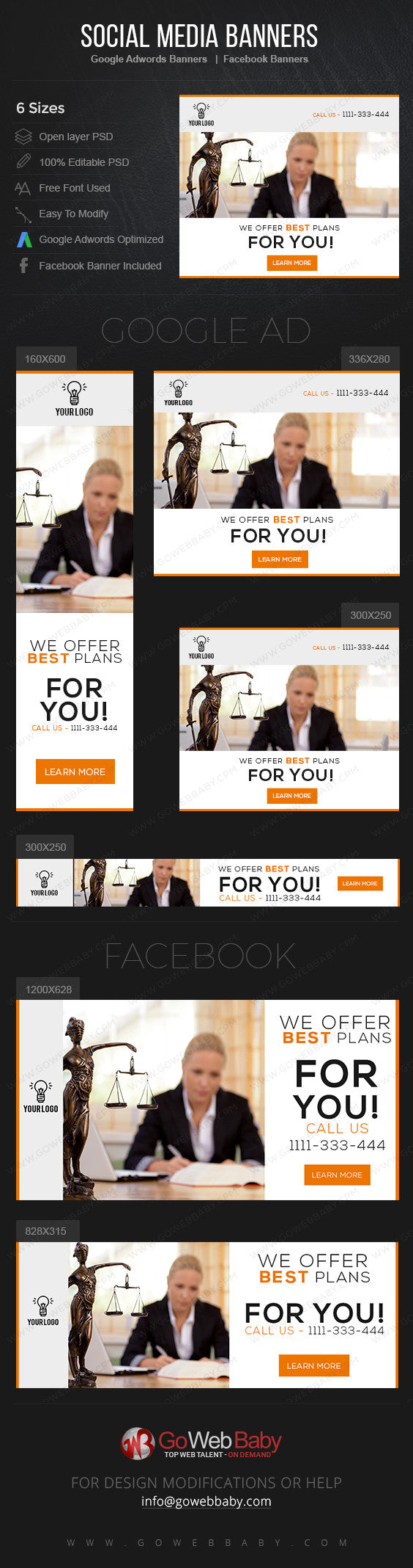 Google Adwords Display Banner with Facebook banners for Lawyers - GoWebBaby.Com