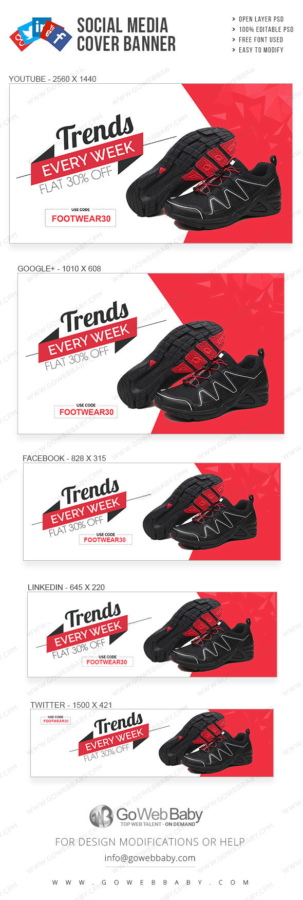 Social Media Cover Banner - Red & White Simple Sale For Website Marketing - GoWebBaby.Com