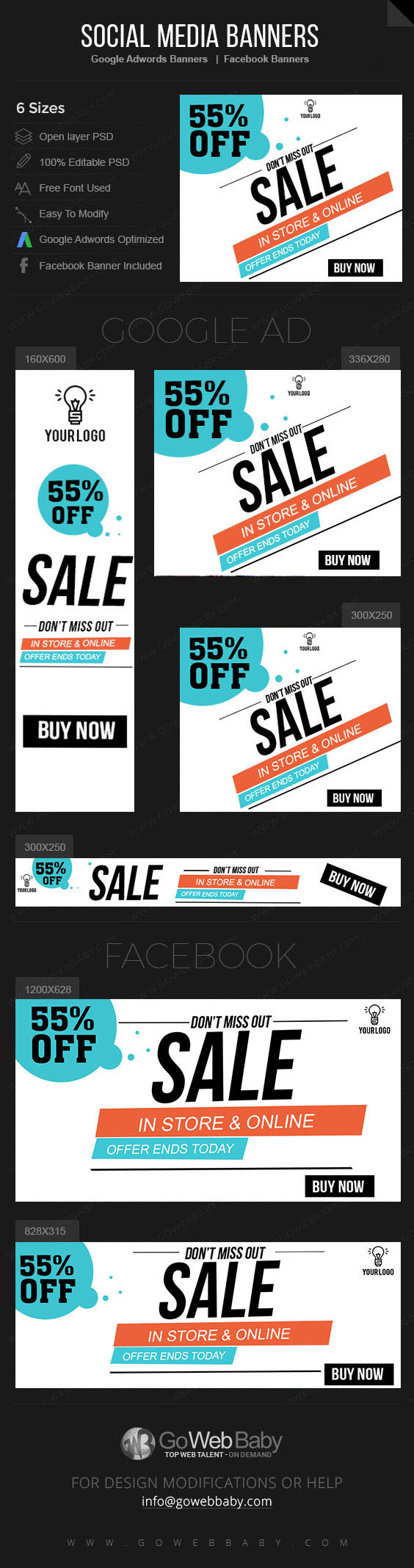 Google Adwords Display Banner with Facebook banners - Sale for Website Marketing - GoWebBaby.Com