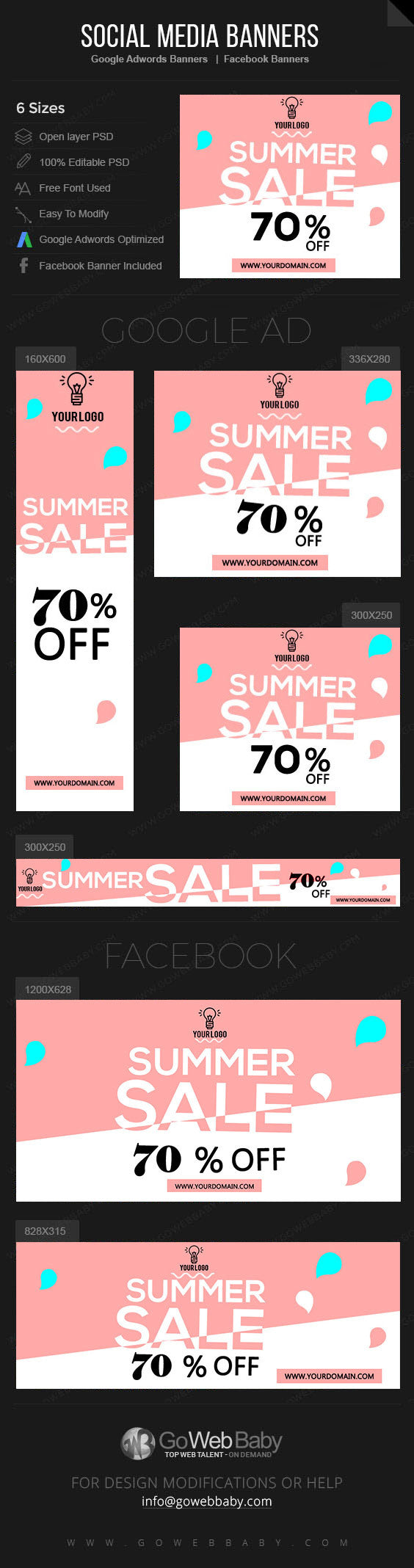 Google Adwords Display Banner with Facebook banners - Summer Sale for Website Marketing - GoWebBaby.Com