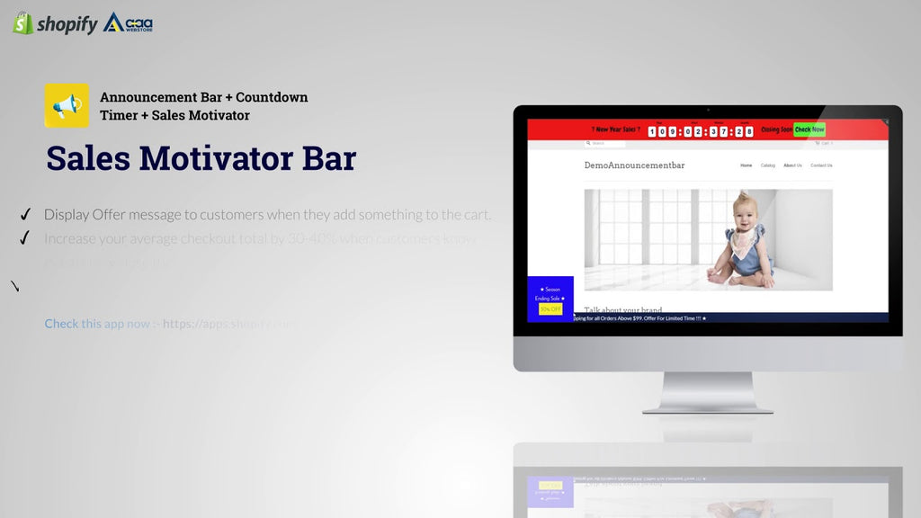 Announcement Bar + Countdown Timer + Sales Motivator designed By Store GoWebBaby
