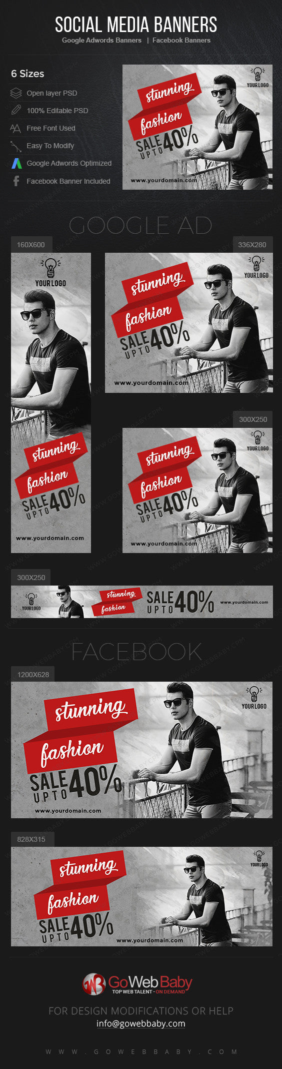 Google Adwords Display Banner with Facebook banners -Stunning Fashion for Men for Website Marketing - GoWebBaby.Com