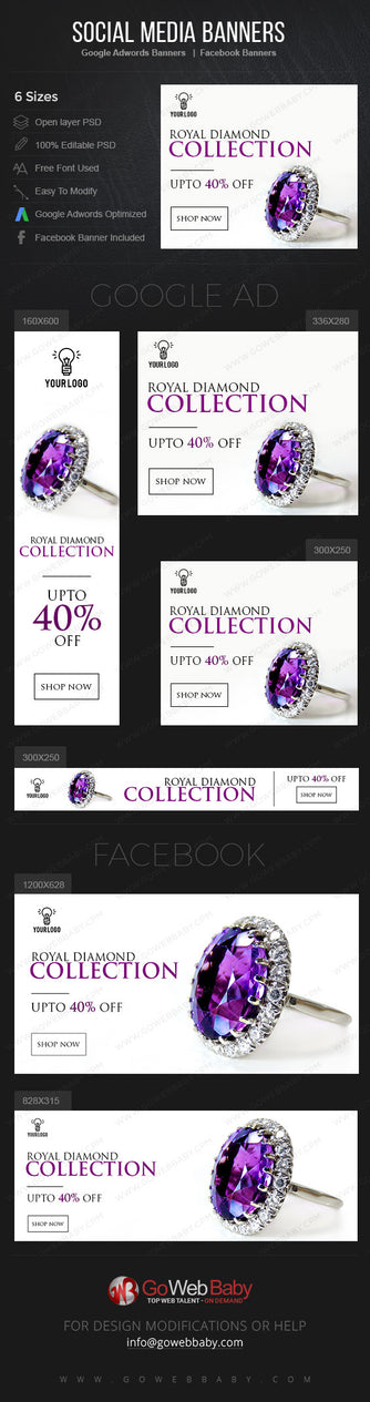 Google Adwords Display Banner with Facebook banners - Royal Diamond Store Website Marketing - GoWebBaby.Com