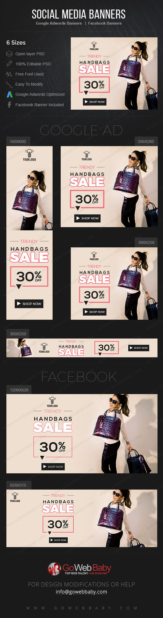 Google Adwords Display Banner with Facebook Banners -Women's Handbags For Website Marketing - GoWebBaby.Com