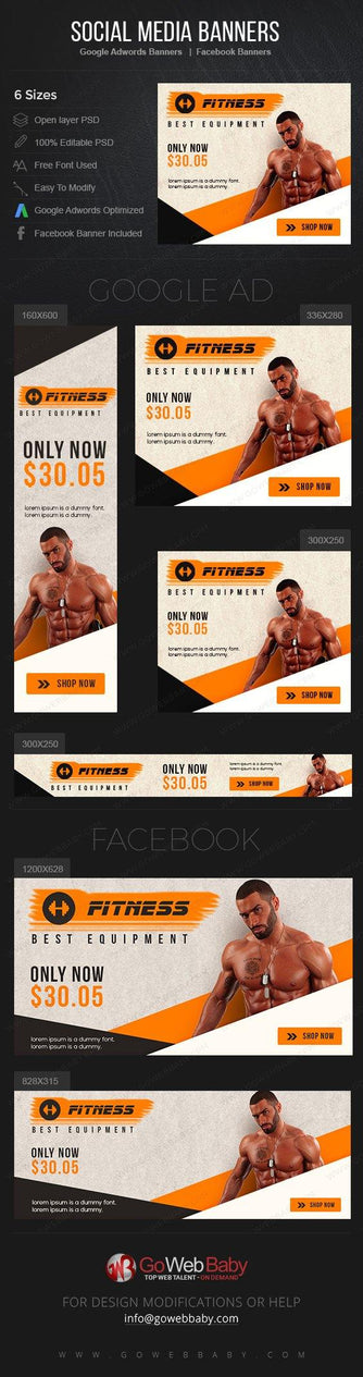 Google Adwords Display Banner with Facebook banners - Fitness and Health For Website Marketing - GoWebBaby.Com