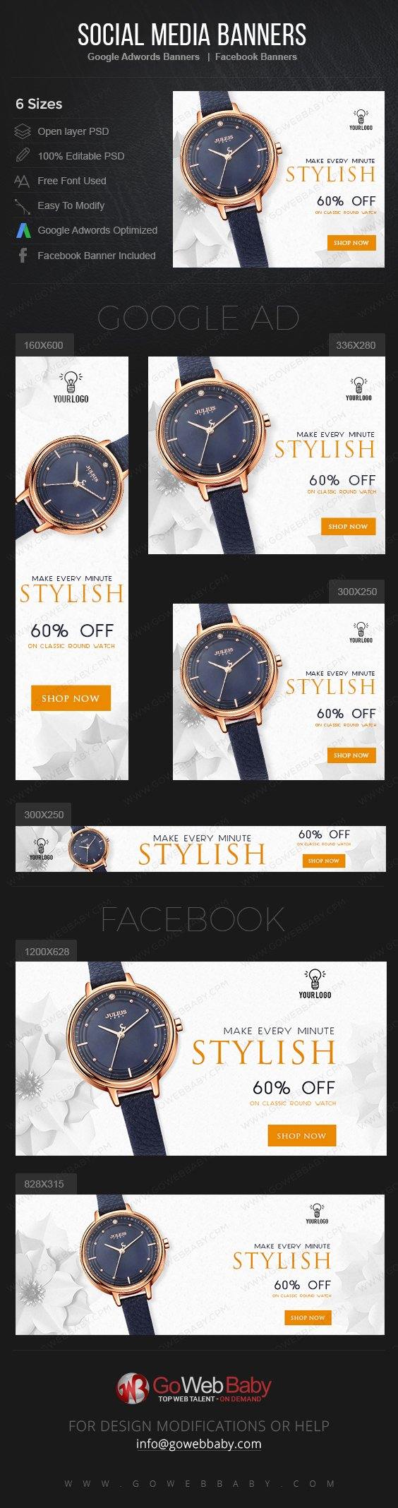 Google Adwords Display Banner With Facebook Banners - Stylish Watch For Website Marketing - GoWebBaby.Com