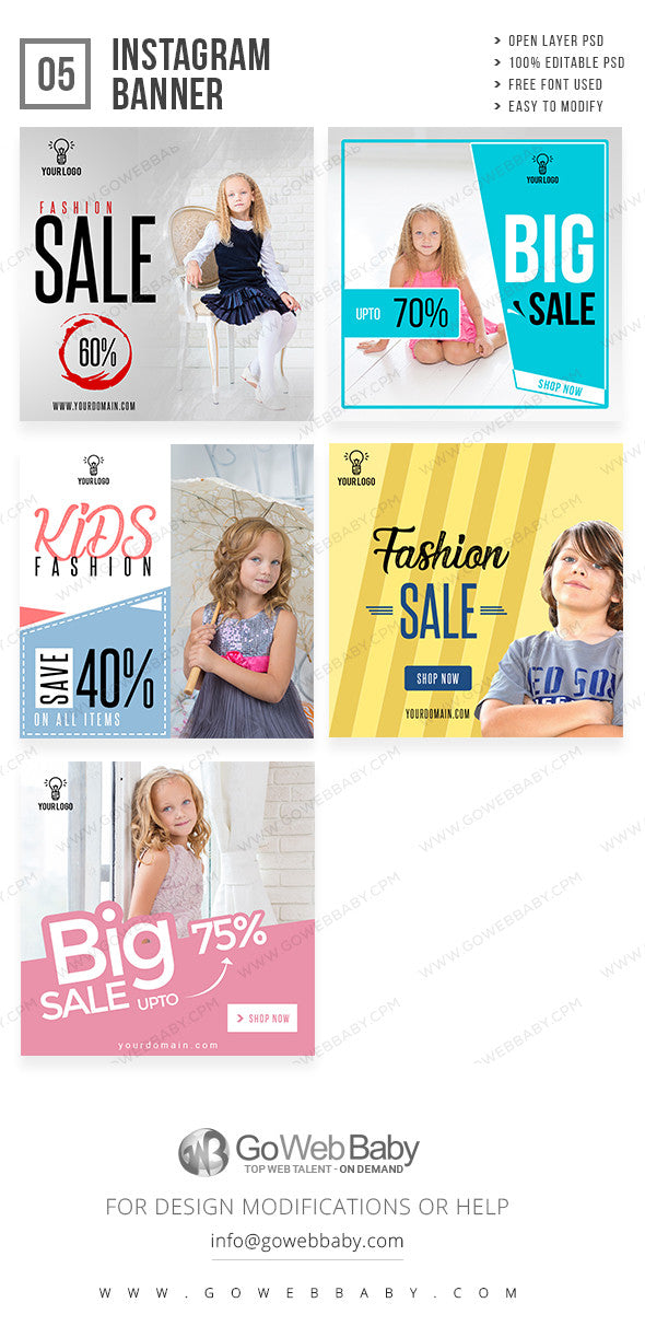 Kids fashion Instagram ad banners for website marketing - GoWebBaby.Com