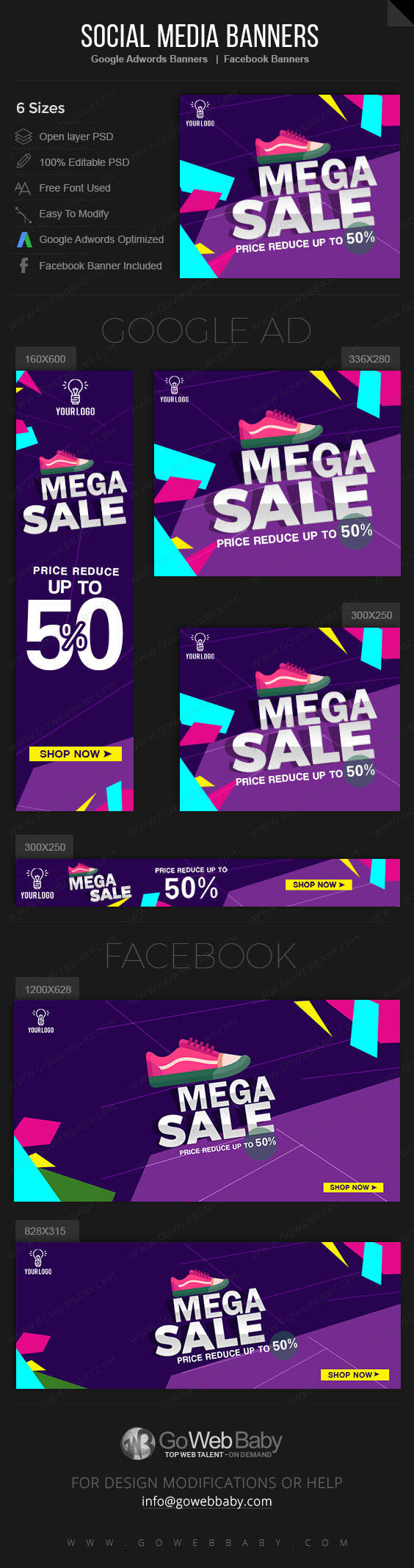 Google Adwords Display Banner with Facebook banners - Mega Sale for Website Marketing - GoWebBaby.Com