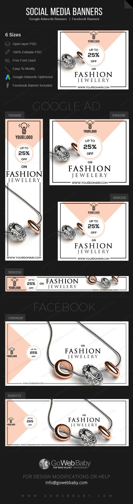 Google Adwords Display Banner with Facebook banners - Fashion Jewelry for Website Marketing - GoWebBaby.Com
