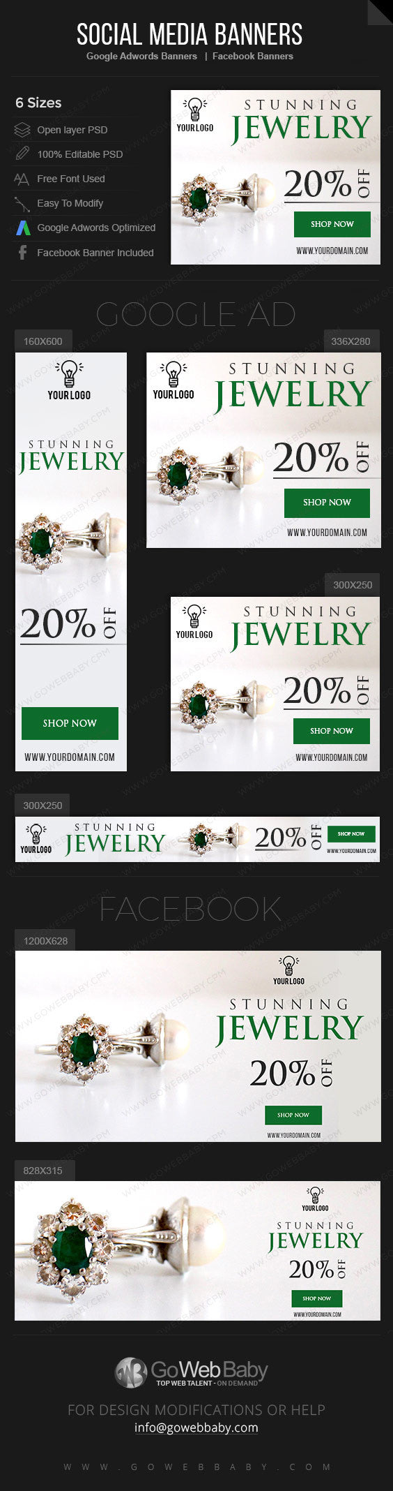 Google Adwords Display Banner with Facebook banners -Stunning Jewelry Store Website Marketing - GoWebBaby.Com